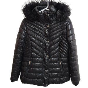 NEW Kenneth Cole Black Puffer Parka with Zip Off Faux Fur Hood Size M